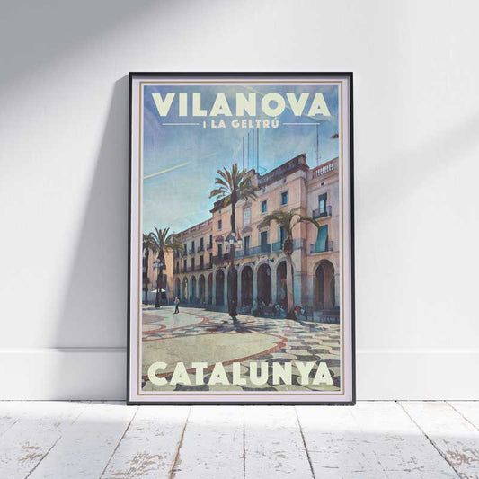 Affiche Vilanova i la Geltru - « Élégance de l'hôtel de ville » par Alecse™ dans un cadre encadré sur un parquet en bois blanc.