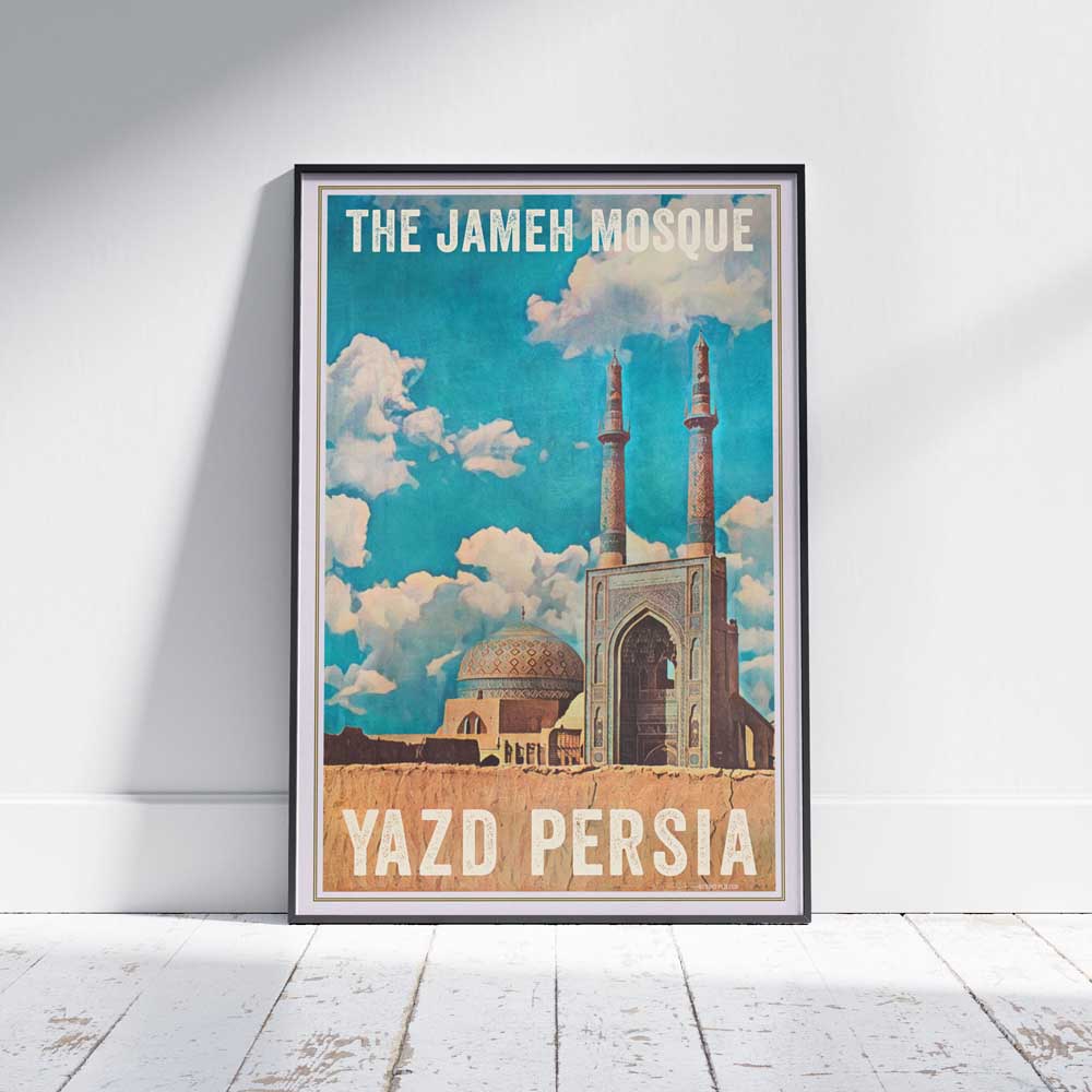 Yazd Poster - Friday Mosque in Persia/Iran by Alecse™, elegantly framed on a white wood floor.