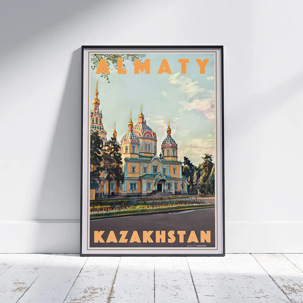 Large vintage travel poster of Almaty Zenkov Cathedral with bold retro typography
