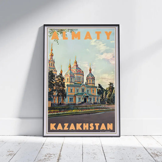Large vintage travel poster of Almaty Zenkov Cathedral with bold retro typography