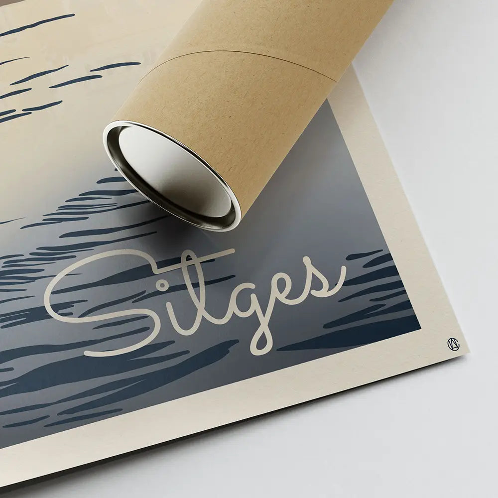 Corner of the Sitges Mer art print by Cha next to its eco-friendly shipping tube, limited edition Spanish Capsule™ poster.