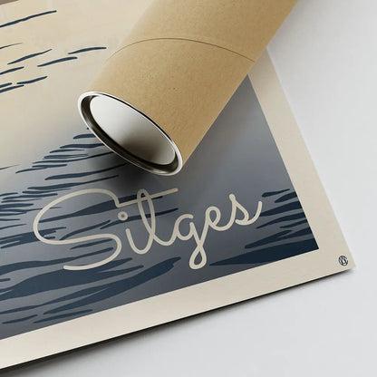 Corner of the Sitges Mer art print by Cha next to its eco-friendly shipping tube, limited edition Spanish Capsule™ poster.