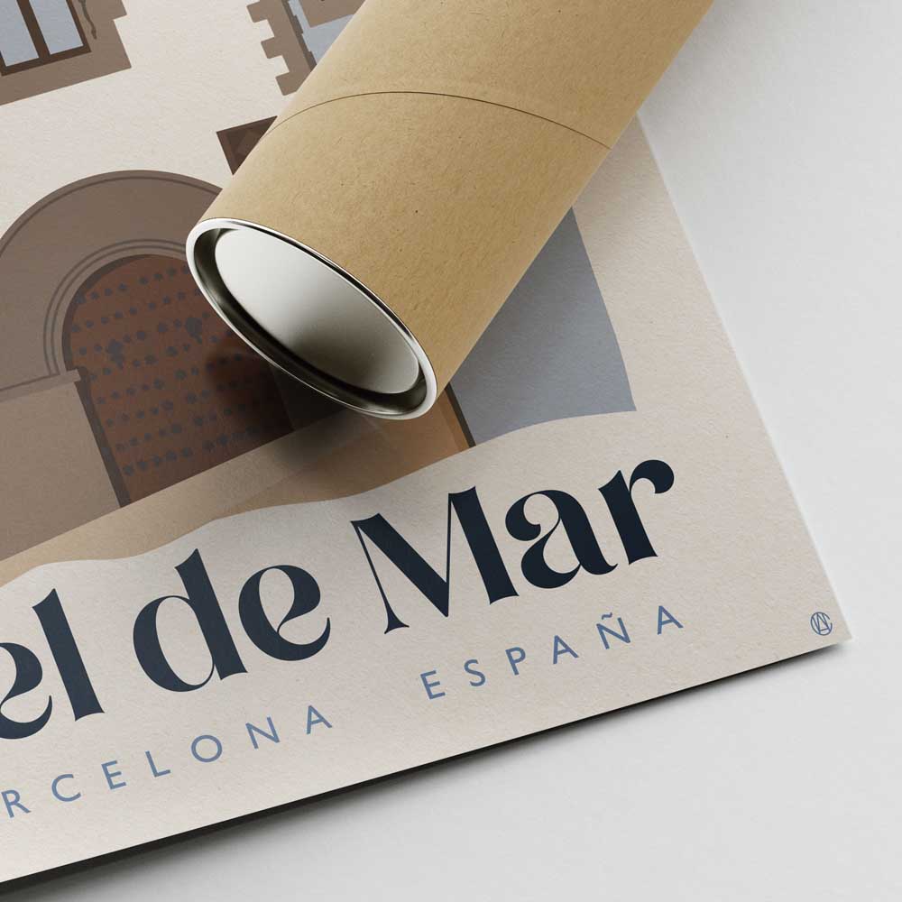 Corner of the Maricel de Mar poster and shipping tube