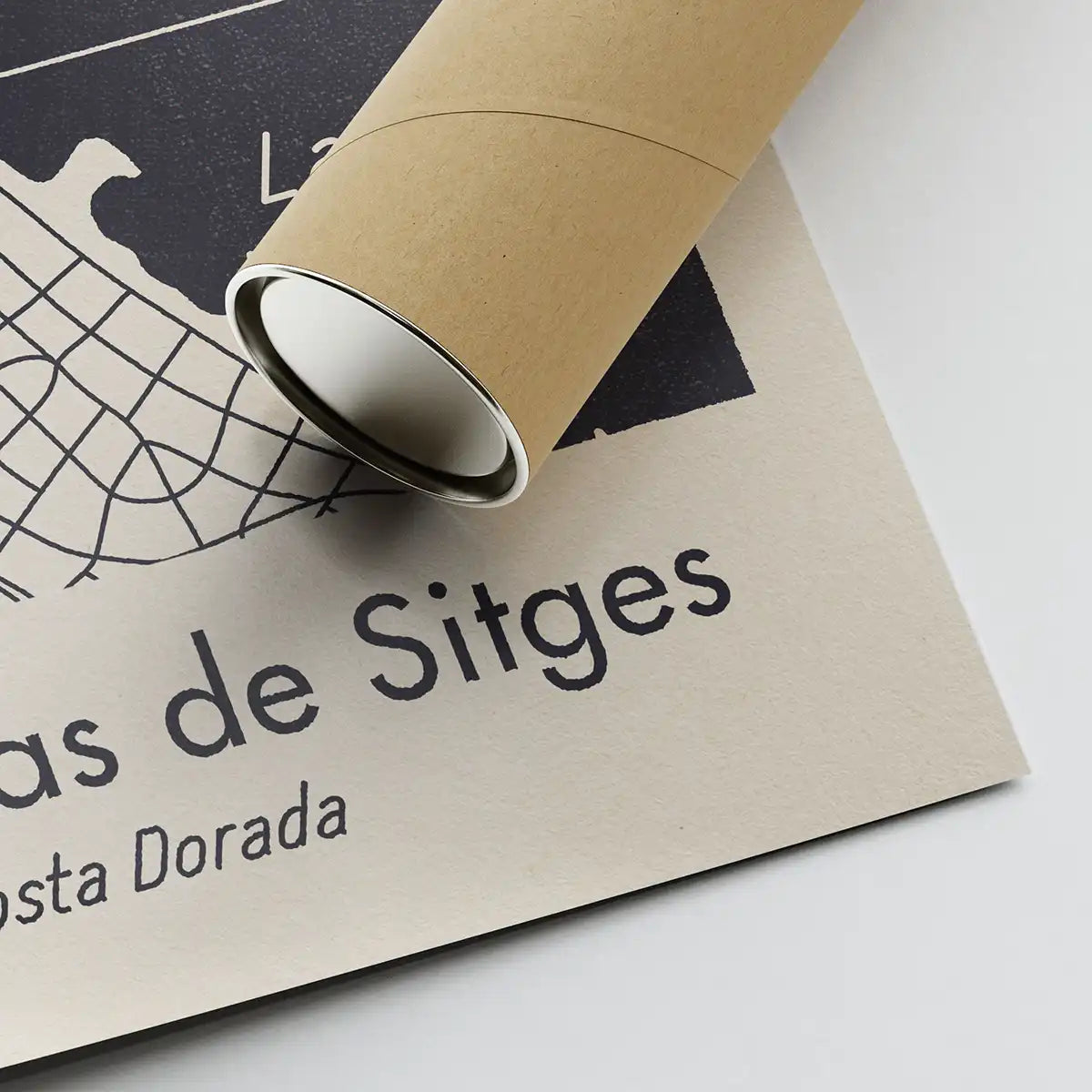 Close-up of the Las Playas de Sitges art print showing the premium matte paper, print detail and protective shipping tube.