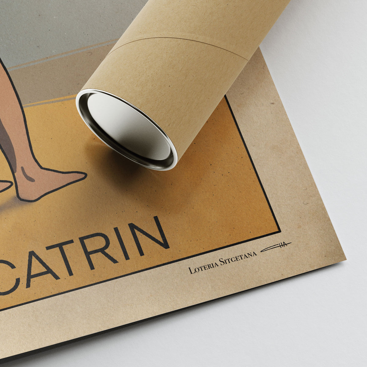 Corner of the El Catrín poster showing the artist’s signature, fine print details, and the protective tube for secure shipping.