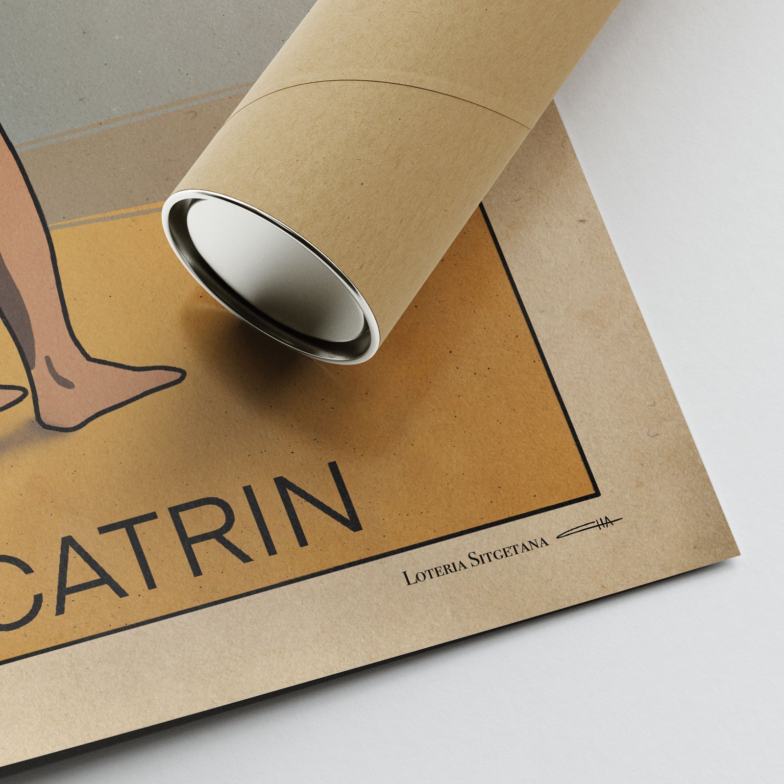 Corner of the El Catrín poster showing the artist’s signature, fine print details, and the protective tube for secure shipping.