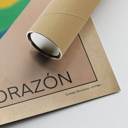Corner of the El Corazón poster showing the artist’s signature, high-quality print details, and protective tube for secure shipping.