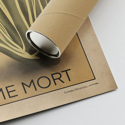 Corner of the L’Home Mort poster showing the artist’s signature, high-quality print details, and protective tube for secure shipping.