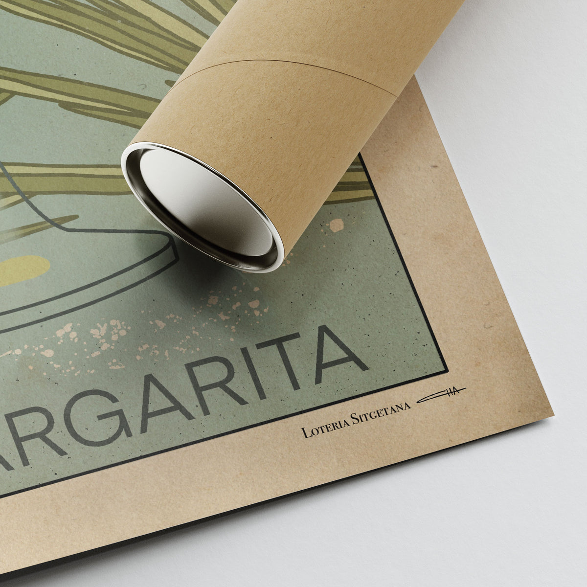 Corner of the Margarita cocktail poster showing the artist’s signature, print details, and the protective tube for secure shipping