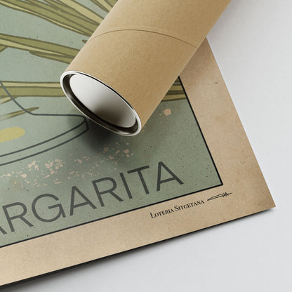 Corner of the Margarita cocktail poster showing the artist’s signature, print details, and the protective tube for secure shipping