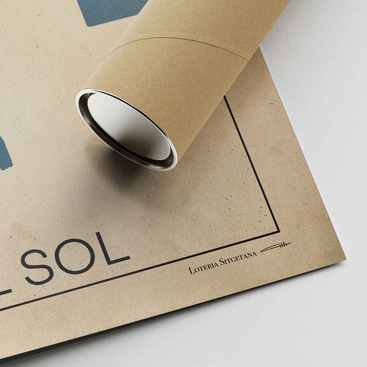 Corner of the El Sol poster showing the artist’s signature, high-quality print details, and protective tube for secure shipping.