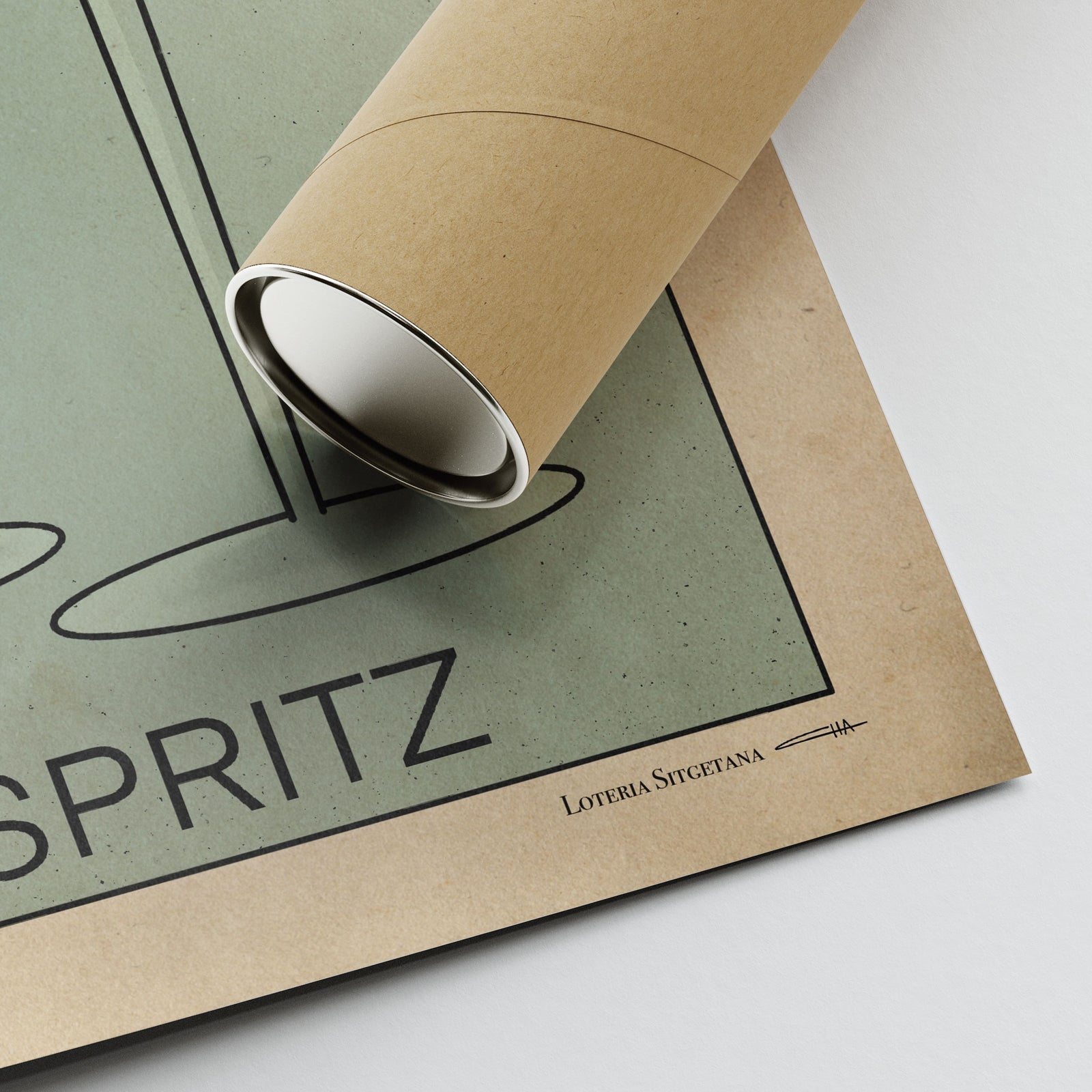 Corner of the Spritz cocktail poster showing the artist’s signature, high-quality print details, and protective tube for safe shipping