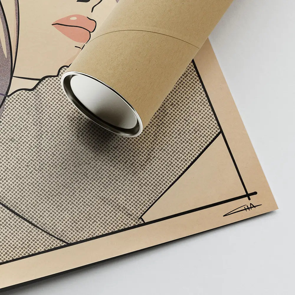 Detail of “Cute” pop art poster by Cha with kraft tube, halftone texture and artist signature visible on museum-grade retro print