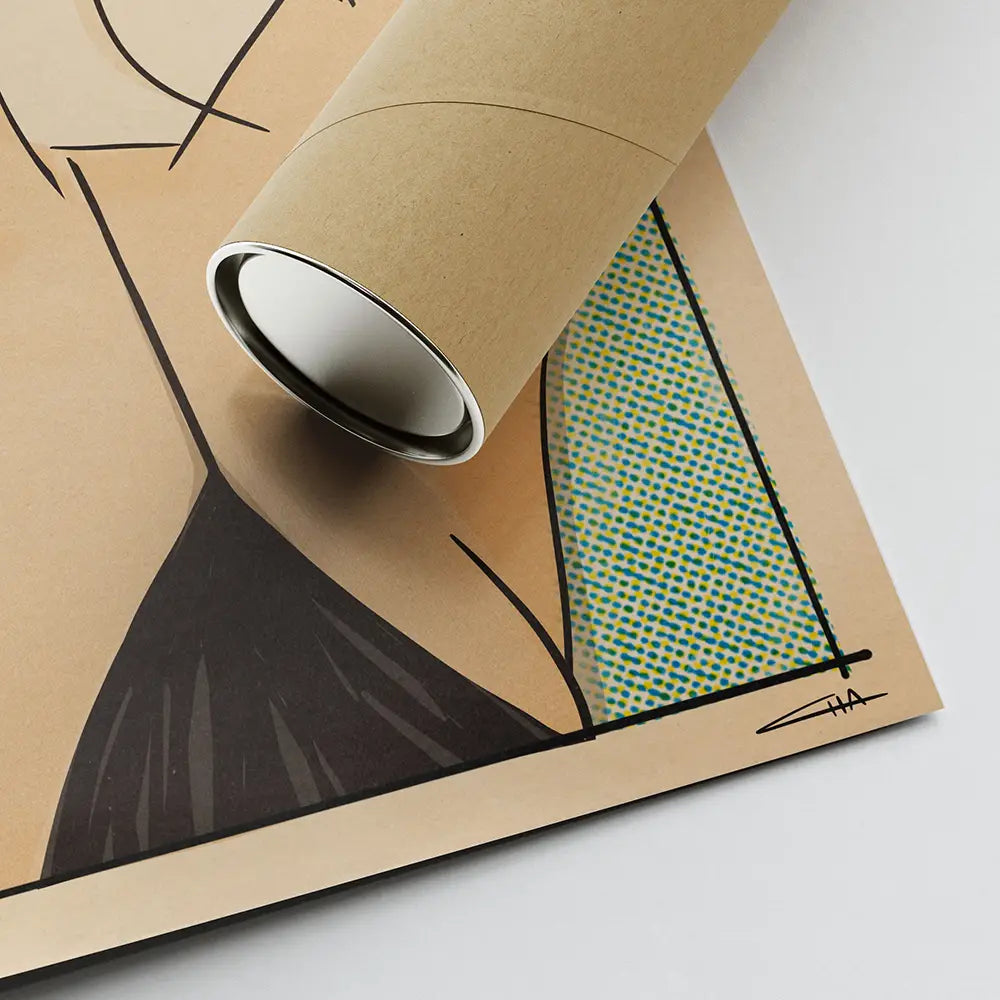 Detail of “Ruining My Life” poster by Cha rolled in kraft tube, showing halftone texture, retro print colors and artist signature from Soft Pop Studio™