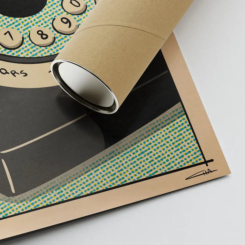 Detail of “Texting” poster by Cha with halftone textures and vintage phone, rolled for shipping in kraft tube, museum-grade print paper