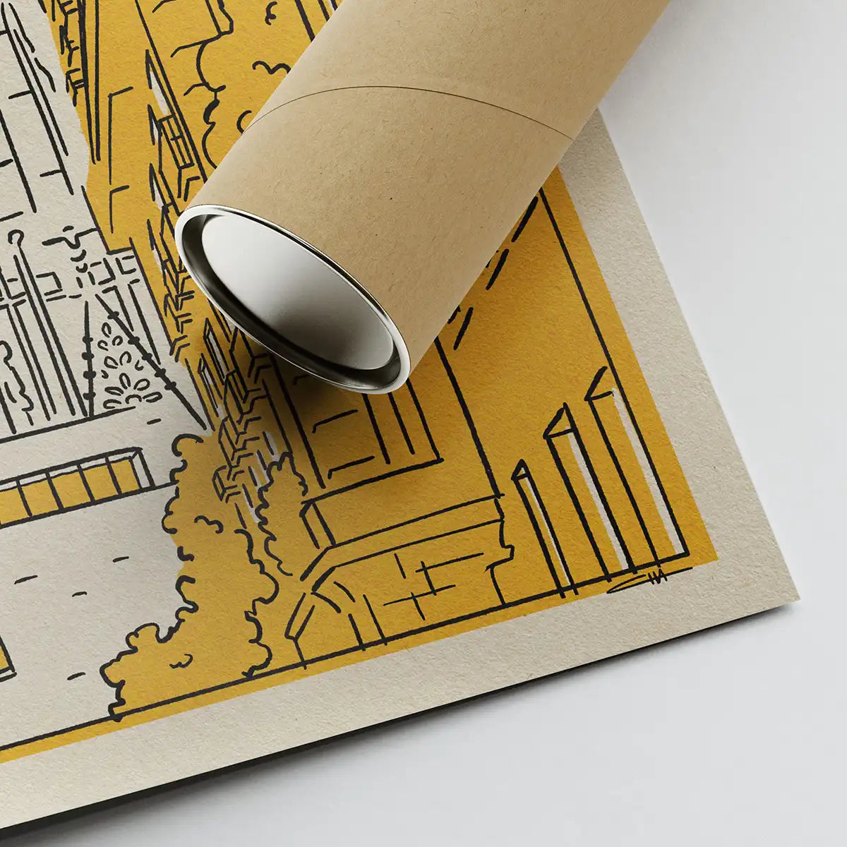 Detail of Barcelona Cathedral art print by Cha showing the textured paper, golden architecture and protective shipping tube.