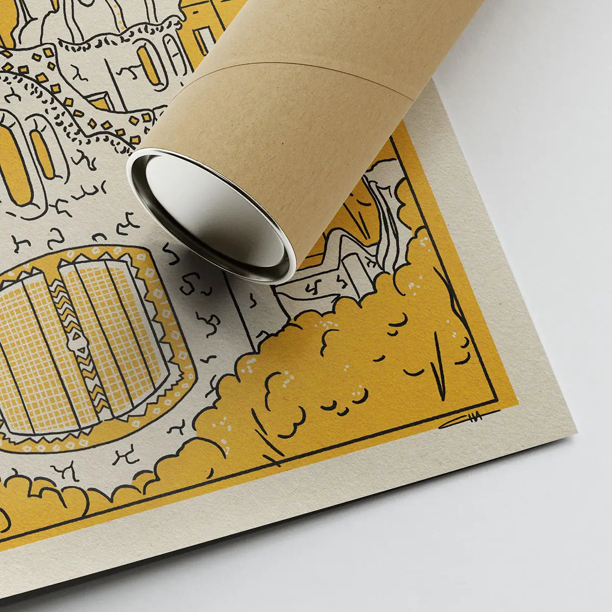 Barcelona Park Güell City Lines poster rolled in eco-friendly tube minimalist Barcelona art print by Cha limited edition