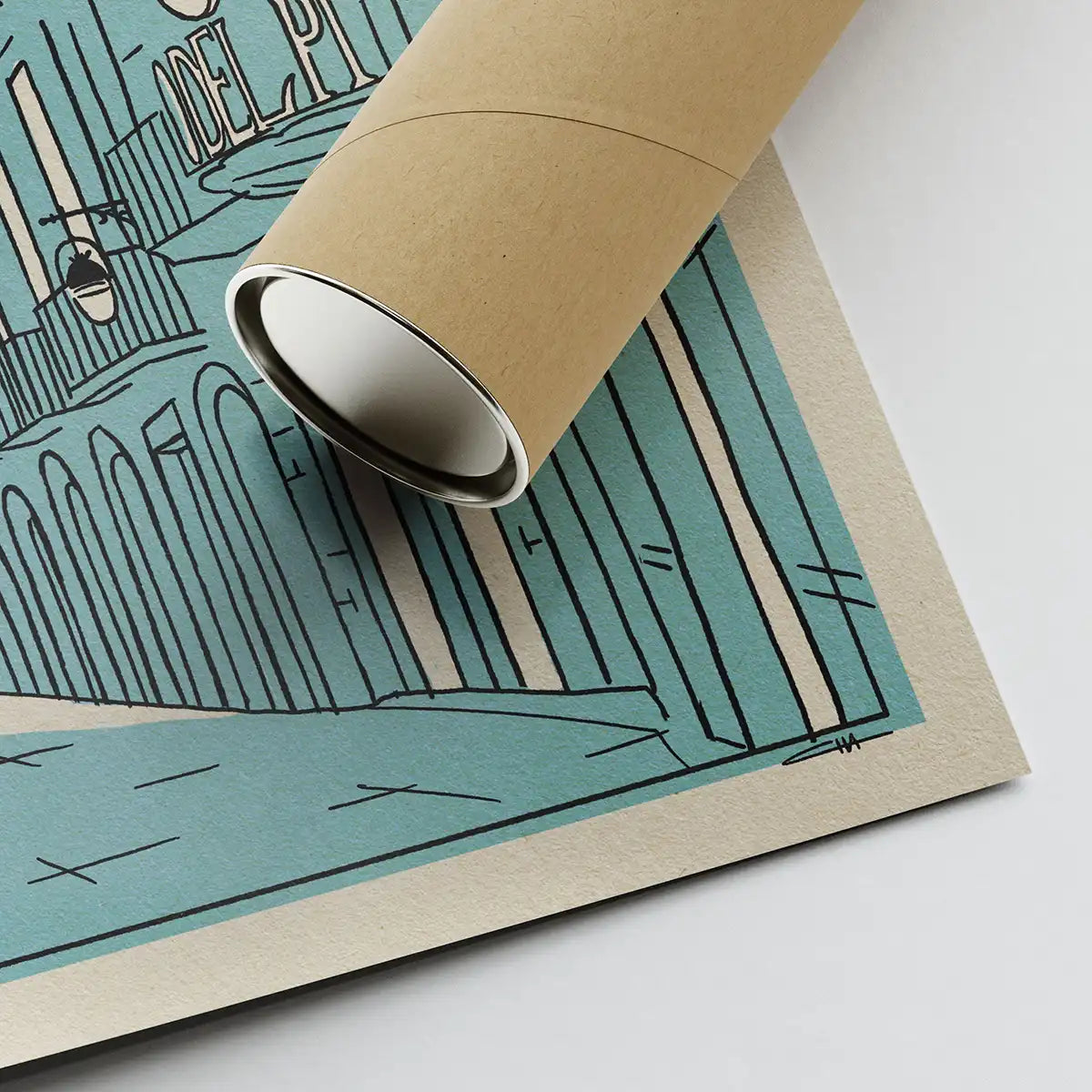 Detail of Santa Maria del Pi Barcelona art print by Cha showing the textured paper, turquoise illustration and protective shipping tube.