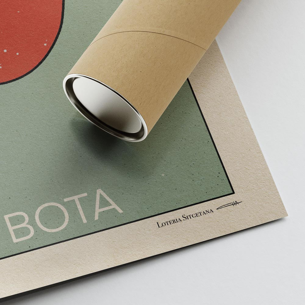 Corner of the La Bota poster showing Cha’s signature, high-quality print details, and protective tube packaging for safe shipping.