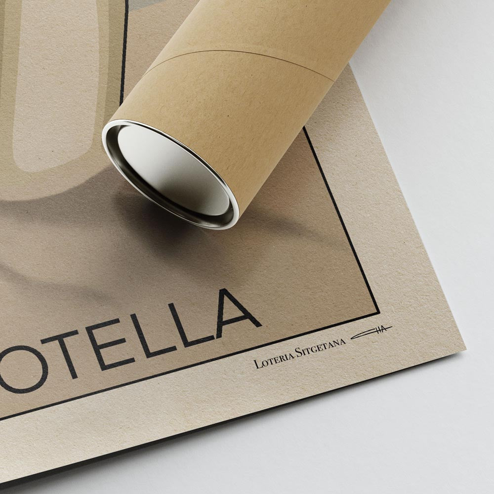 Corner of the La Botella poster showing Cha’s signature, high-quality print details, and protective tube packaging for safe shipping.