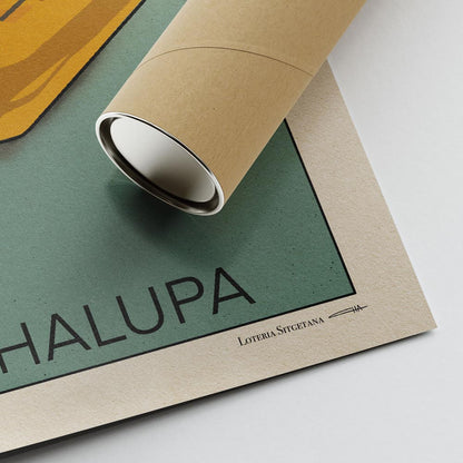 Corner of the La Chalupa poster showing Cha’s signature, high-quality print details, and protective tube packaging for safe shipping.