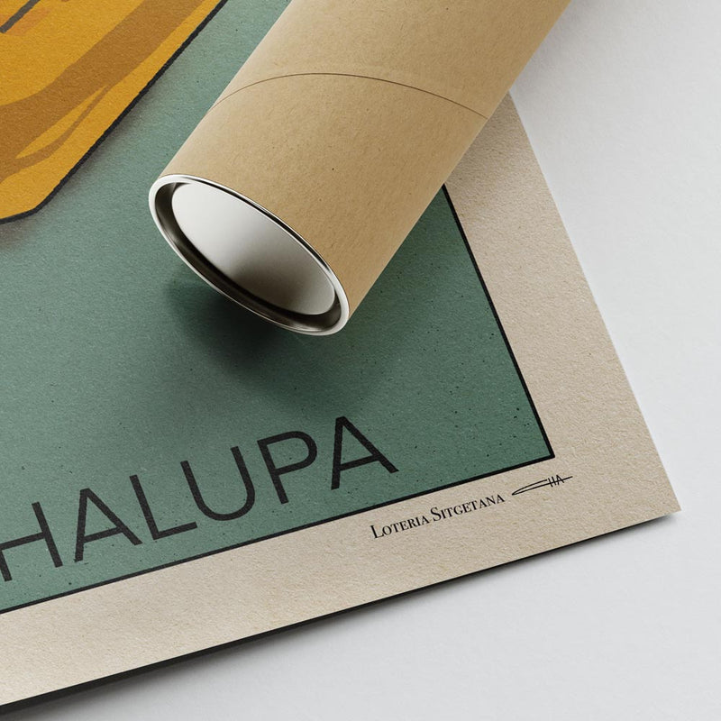 Corner of the La Chalupa poster showing Cha’s signature, high-quality print details, and protective tube packaging for safe shipping.