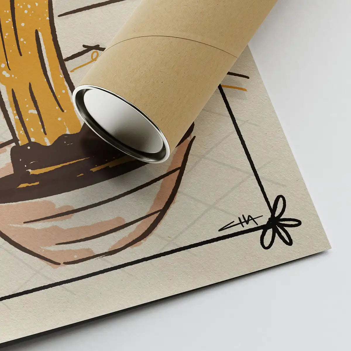 Xurros amb Xocolata limited edition food poster by Cha, framed in black with a playful illustration of churros dipped in hot chocolate.