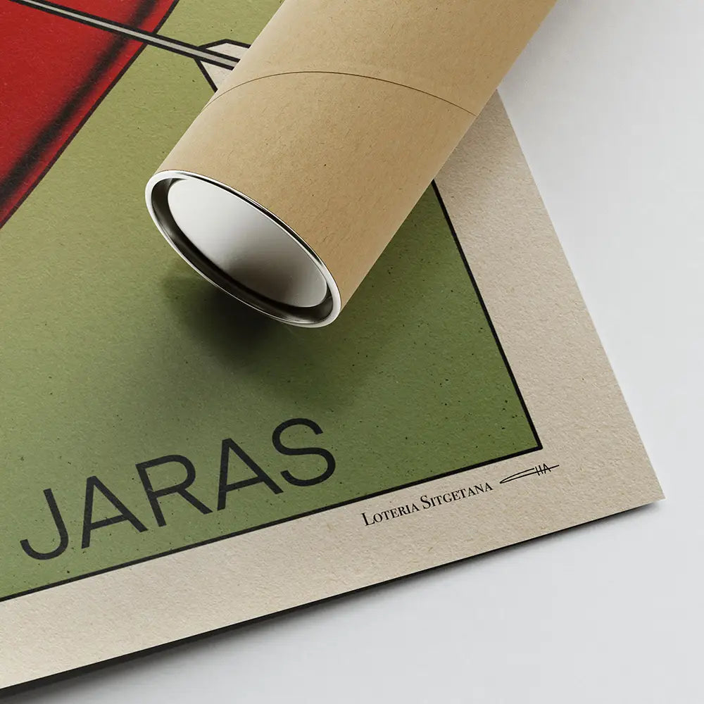 Corner of Las Jaras Lotería poster showing heart and arrows detail with Cha signature and eco-friendly shipping tube, part of the Lotería Sitgetana limited edition