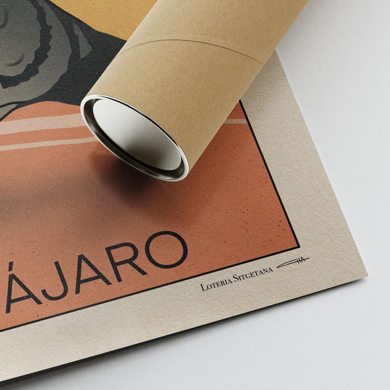 Corner of the El Pájaro print, showcasing the artist’s signature, fine art print details, and protective shipping tube for secure worldwide delivery.