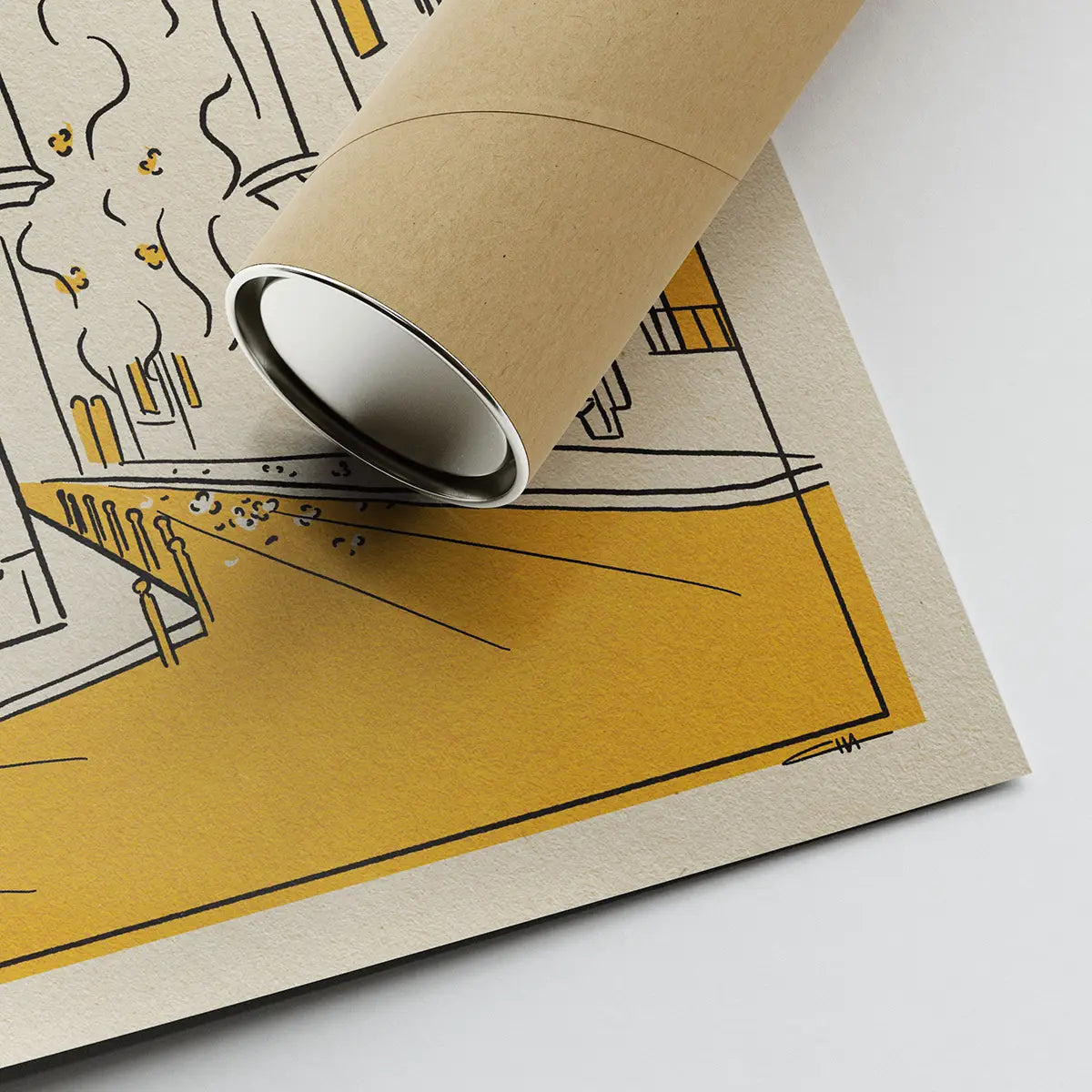 Sitges Cuba Street minimalist architecture poster rolled in eco-friendly tube showing textured fine art paper and detailed line illustration