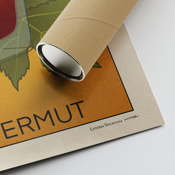 Corner of the El Vermut poster showing Cha’s signature, high-quality print details, and protective tube packaging for safe shipping.