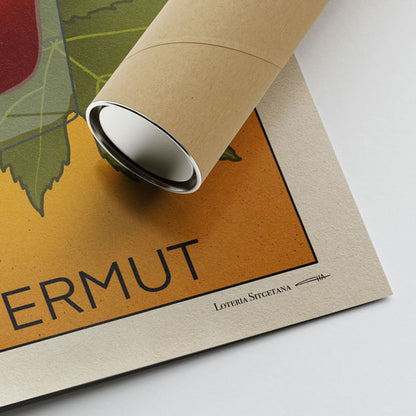 Corner of the El Vermut poster showing Cha’s signature, high-quality print details, and protective tube packaging for safe shipping.