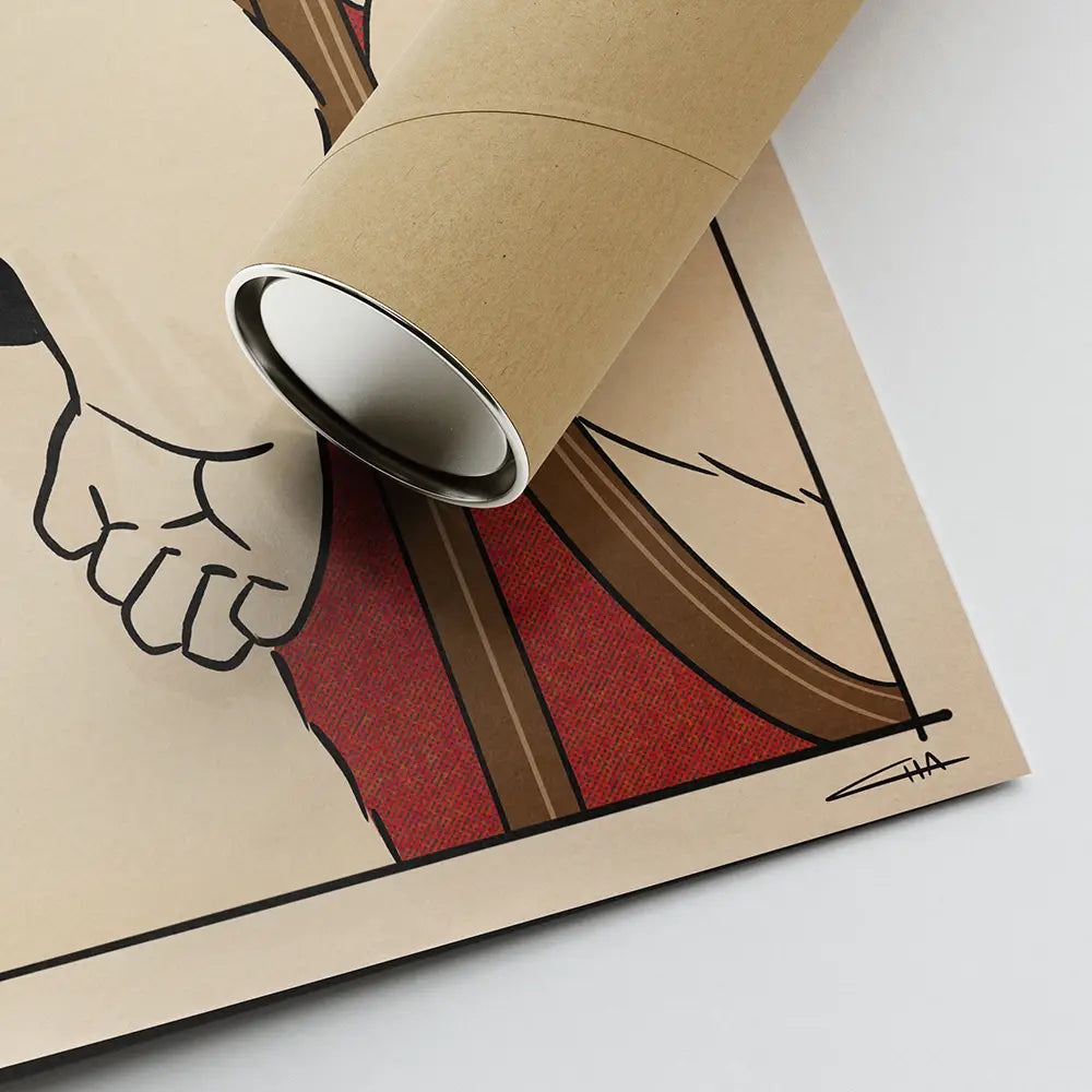 Detail of “Big Bear” poster by Cha rolled in a kraft tube, showing comic bear paw, mirror edge, and artist’s signature