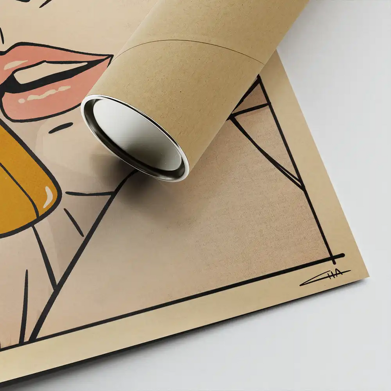 Corner of “Loser” pop art poster by Cha rolled in kraft tube, showing museum-grade paper, halftone texture, and artist signature from Soft Pop Studio™