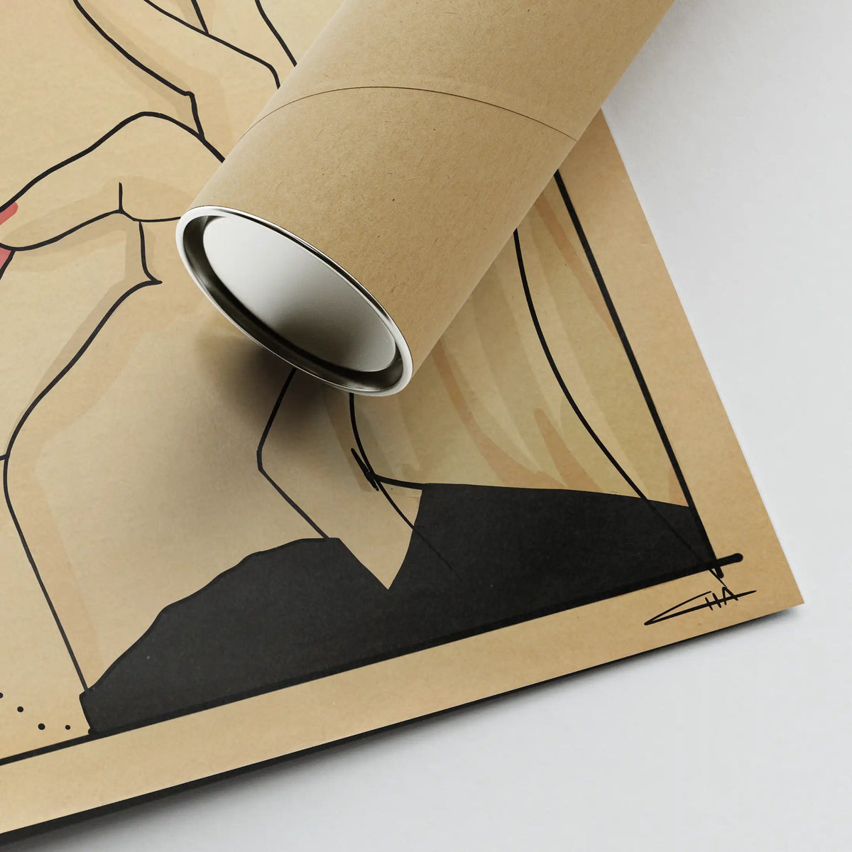 Close-up of Out of Snacks poster corner with cardboard tube packaging – retro comic print details