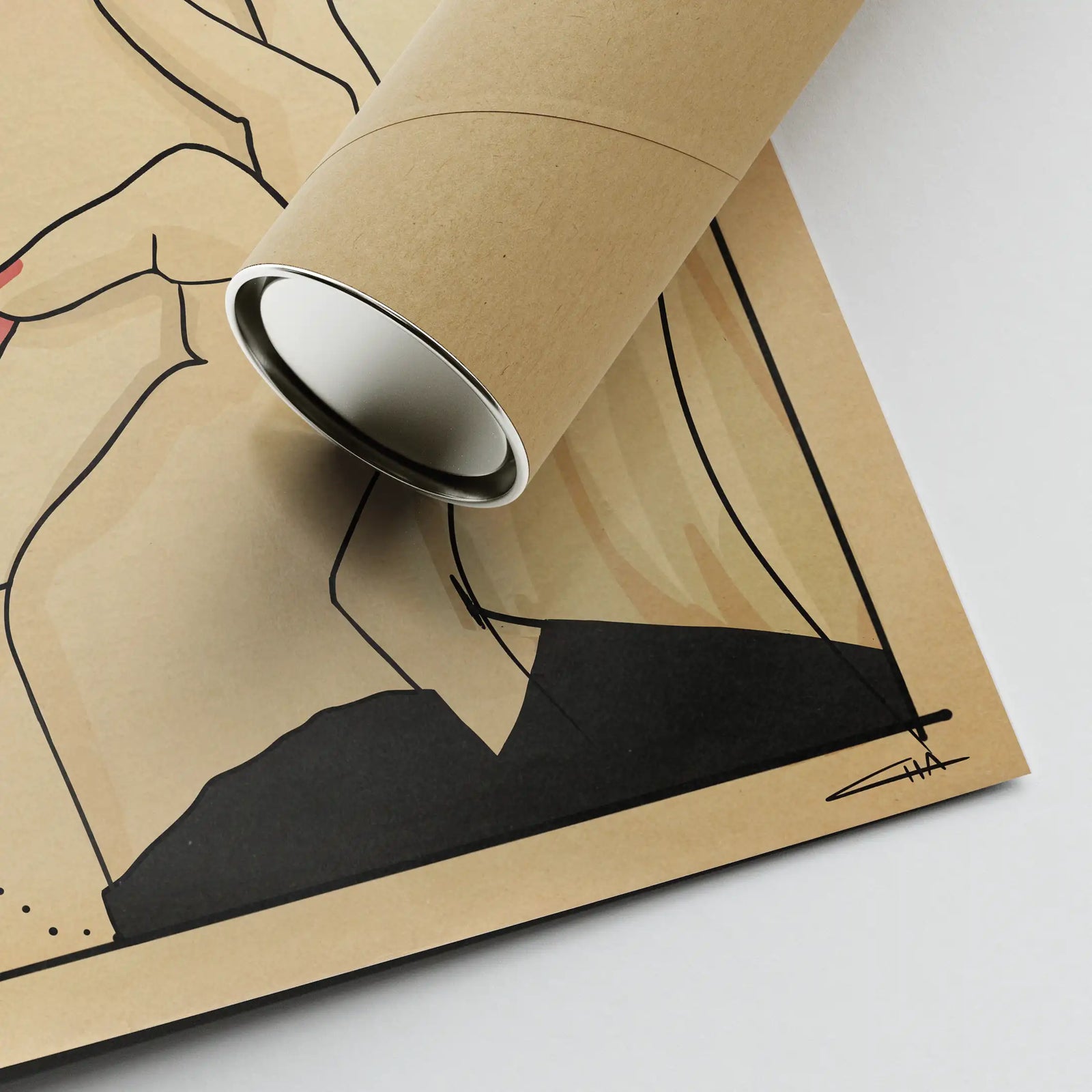 Close-up of Out of Snacks poster corner with cardboard tube packaging – retro comic print details