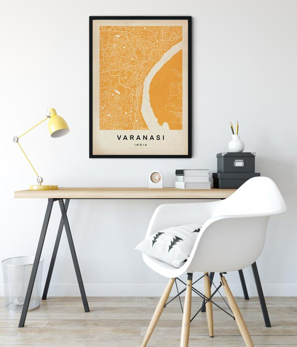 Varanasi map by Cha, Yellow monochromatic map of Benares in India