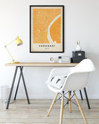 Varanasi map by Cha, Yellow monochromatic map of Benares in India