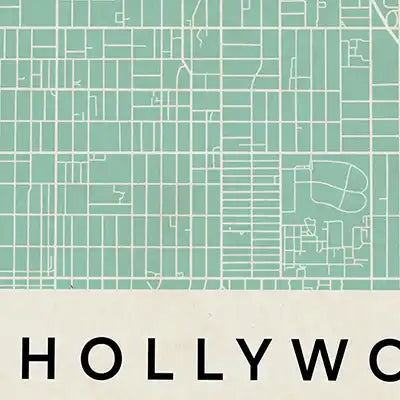 Minimalist mint green Hollywood street map artwork from the Wanderer Maps collection