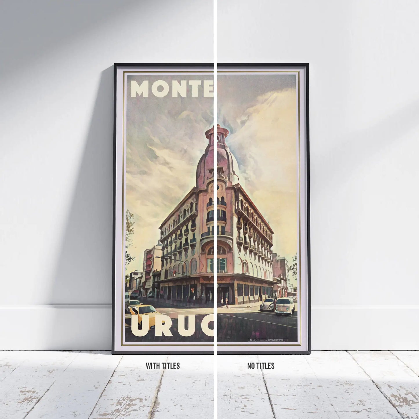 Side-by-side comparison of a vintage travel poster by Alecse, shown with titles on the left and with no titles on the right, illustrating the title removal option