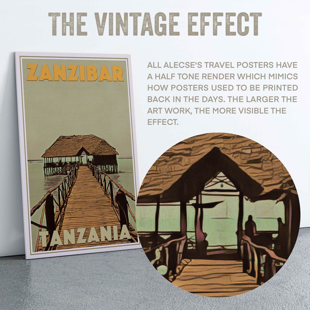 Macro close-up on "The Pier" travel poster highlighting Alecse's distinctive half-tone render, capturing the essence of Zanzibar's peaceful pier