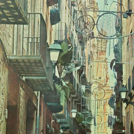 Close-up of Barcelona La Merce poster showing halftone texture, architectural details, balconies and street lamps in vintage style limited edition art print