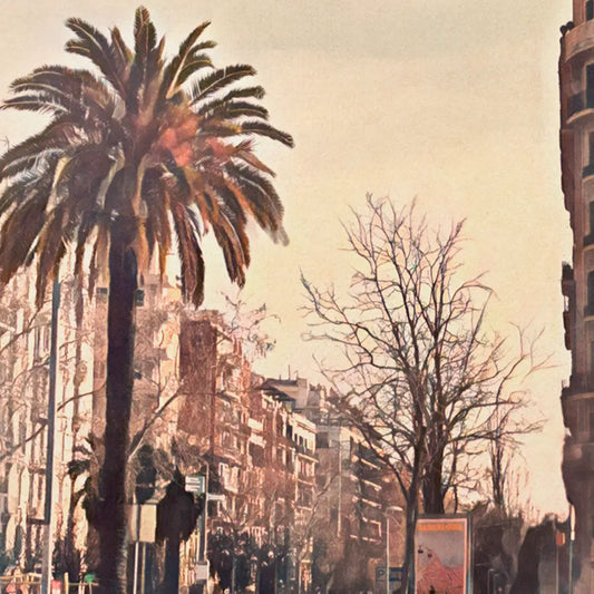 Barcelona Paral lel street scene detail with palm tree and perspective view of the avenue, vintage Barcelona poster by Alecse
