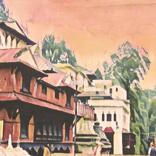Architectural details of traditional buildings in Kathmandu Bridge travel poster