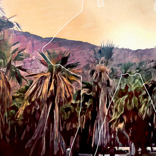 Detail of a minimalist contour integrated into a Palm Springs travel poster, symbolically referencing a monumental artwork without direct representation.