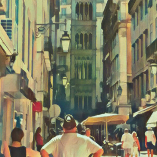 Santa Justa Elevator Lisbon poster detail showing the lively Baixa street scene