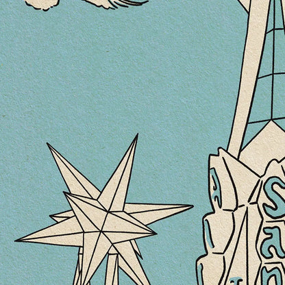 Close-up of the twelve-pointed star beside the Sagrada Familia cross in Sagrada Sanctus poster by Cha, inspired by Gaudí’s spiritual symbolism in Barcelona