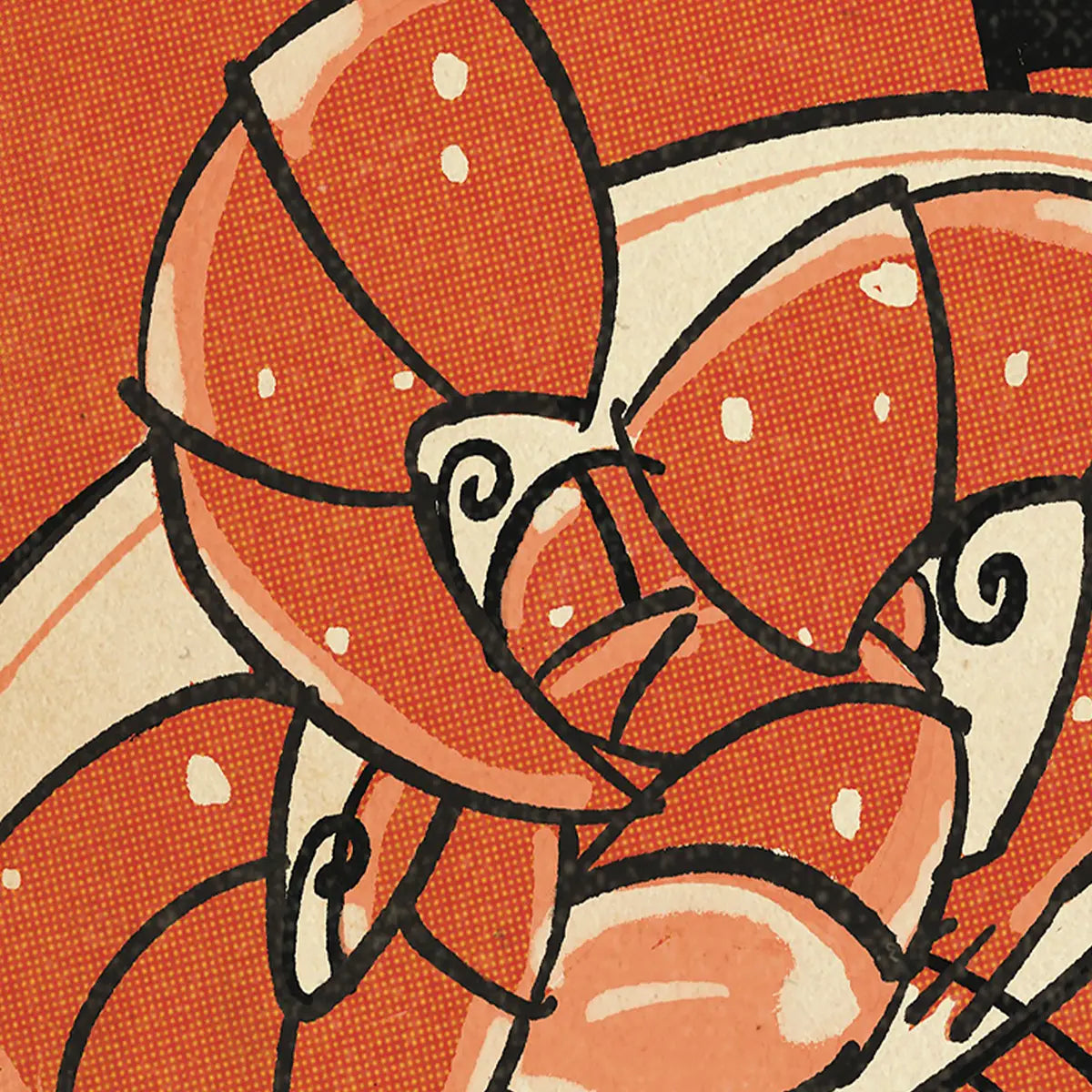 Detail of Gambas al Ajillo shrimp illustration from La Cantina poster by Cha featuring vintage-inspired halftone textures and Spanish food advertising aesthetics