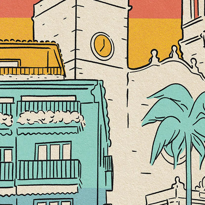 Close-up detail of Sitges Rainbow poster showing the church silhouette and colourful rainbow background in Spanish Capsule style