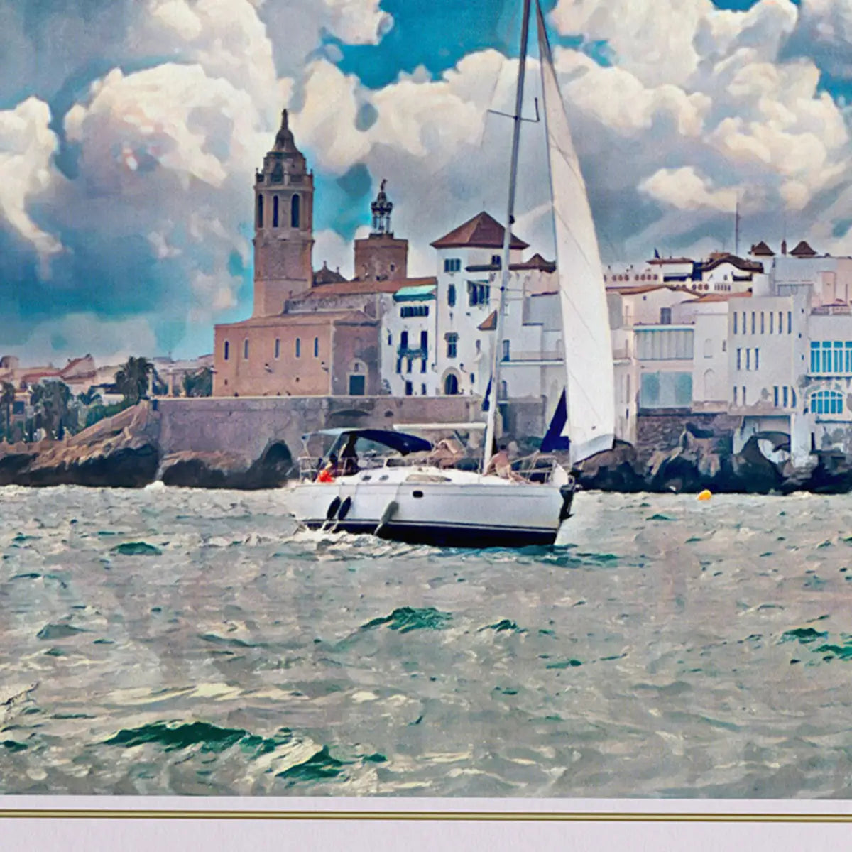 Sitges Sailing poster close-up featuring sailboat on textured sea in vintage halftone style
